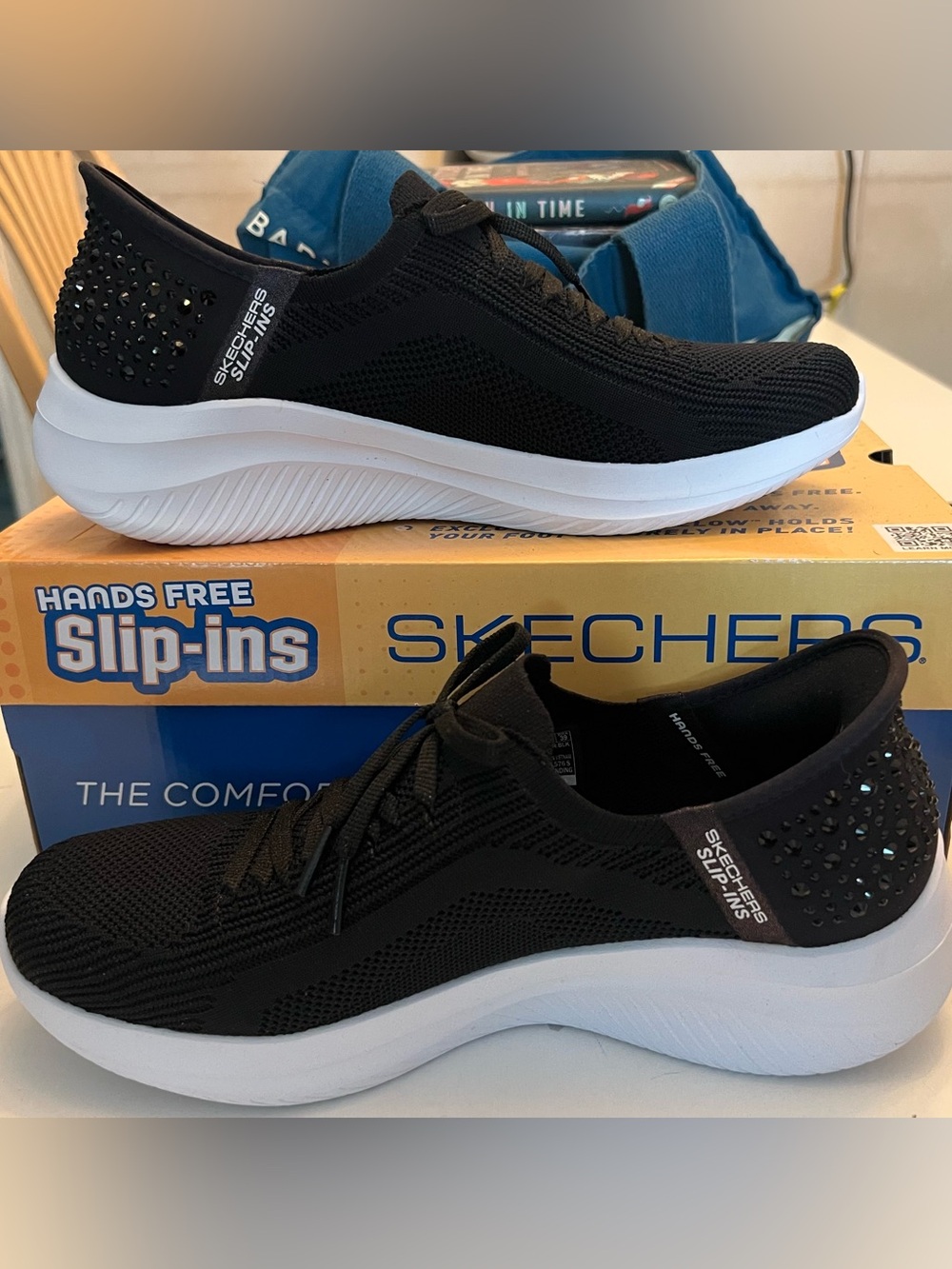 Skechers Black and White Hands-Free Slip-In Knit Sneakers